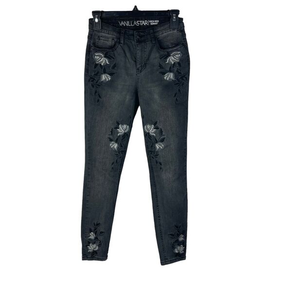 Vanilla Star Juniors SZ 5 High-Rise Skinny Jeans Stretch Floral Embroidered Gray - Picture 1 of 11